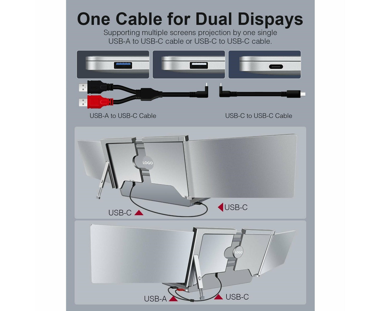 Dual Trifold Portable Monitor 1080P IPS FHD Monitor Screen Extender for Laptop 13.3" Grey